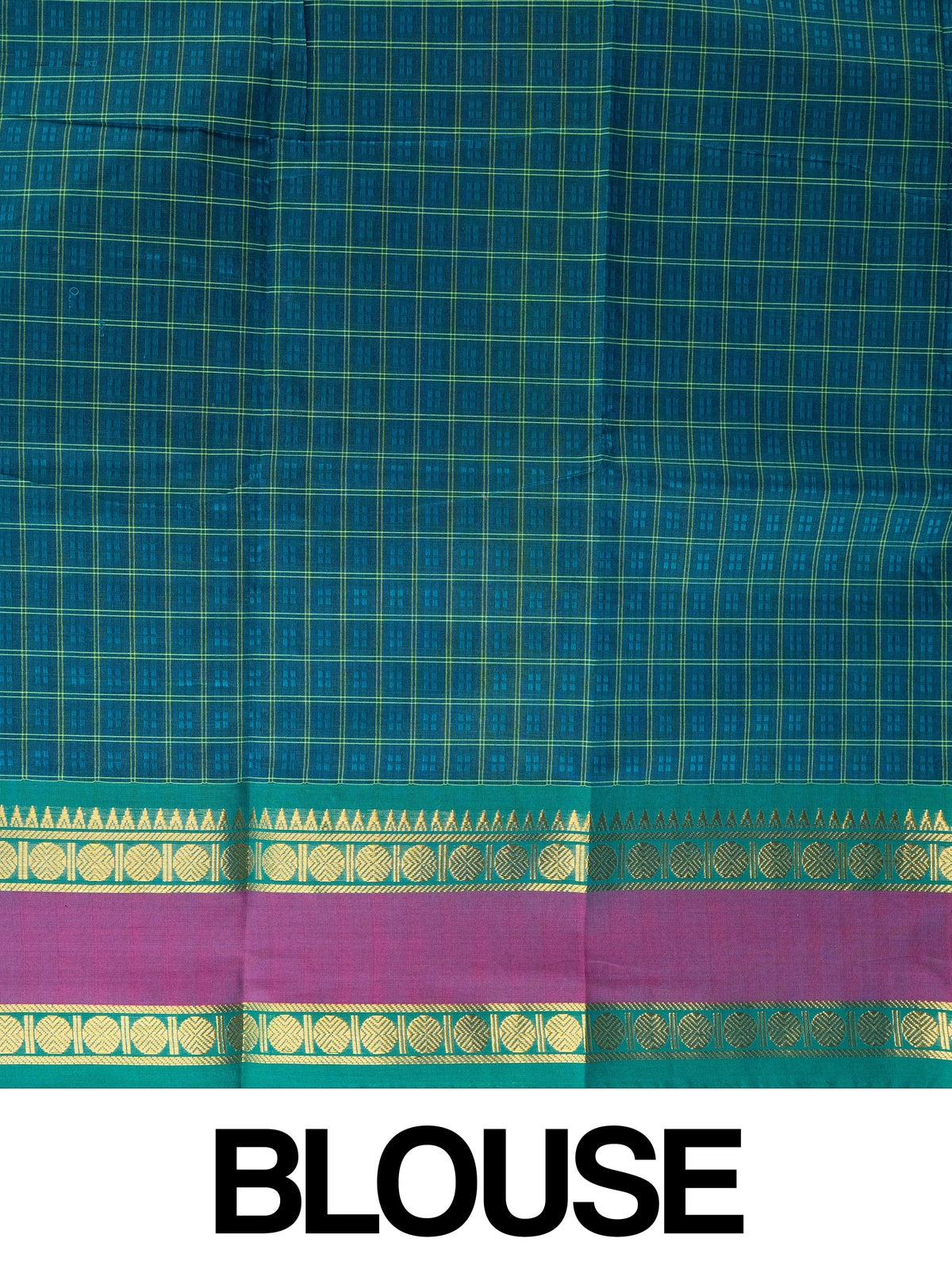 Teal Chettinad cotton saree with checked body and contrast magenta-green gold zari border