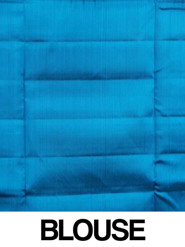 Dark brown Kanchipuram Pure Mix saree with blue checks, gold zari buttas and contrast peacock blue zari pallu and border
