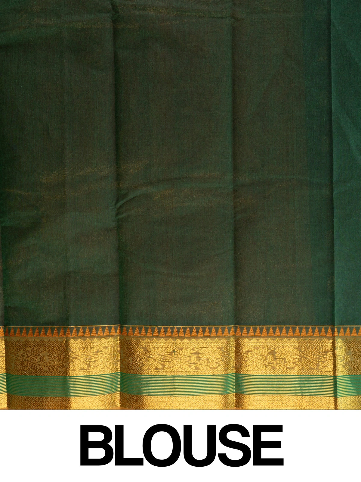 Dark green Chettinad cotton saree with gold zari temple border and woven zari pallu
