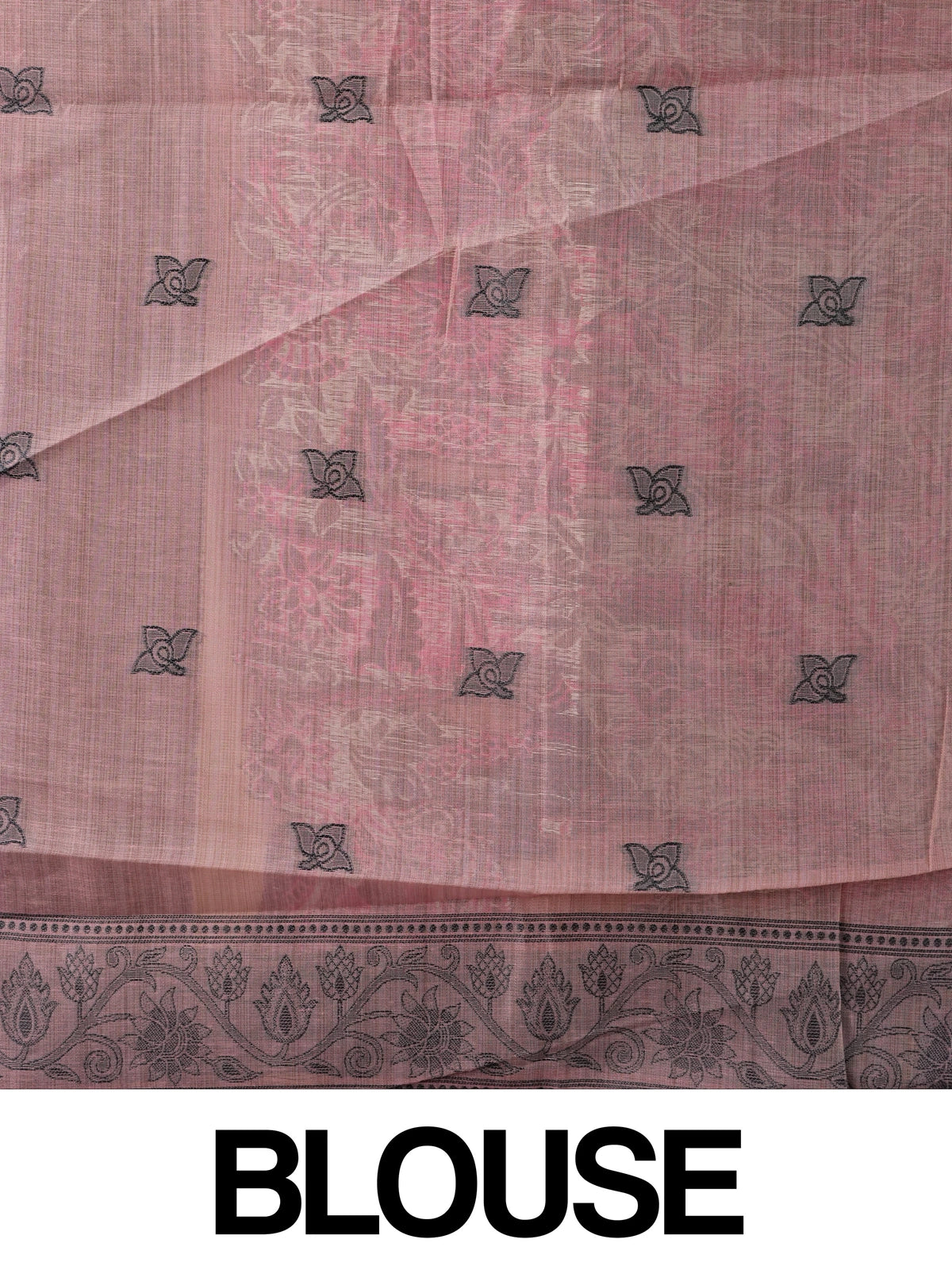 Peach and grey floral printed linen cotton saree with Kalamkari-style parrot motifs and contrast border