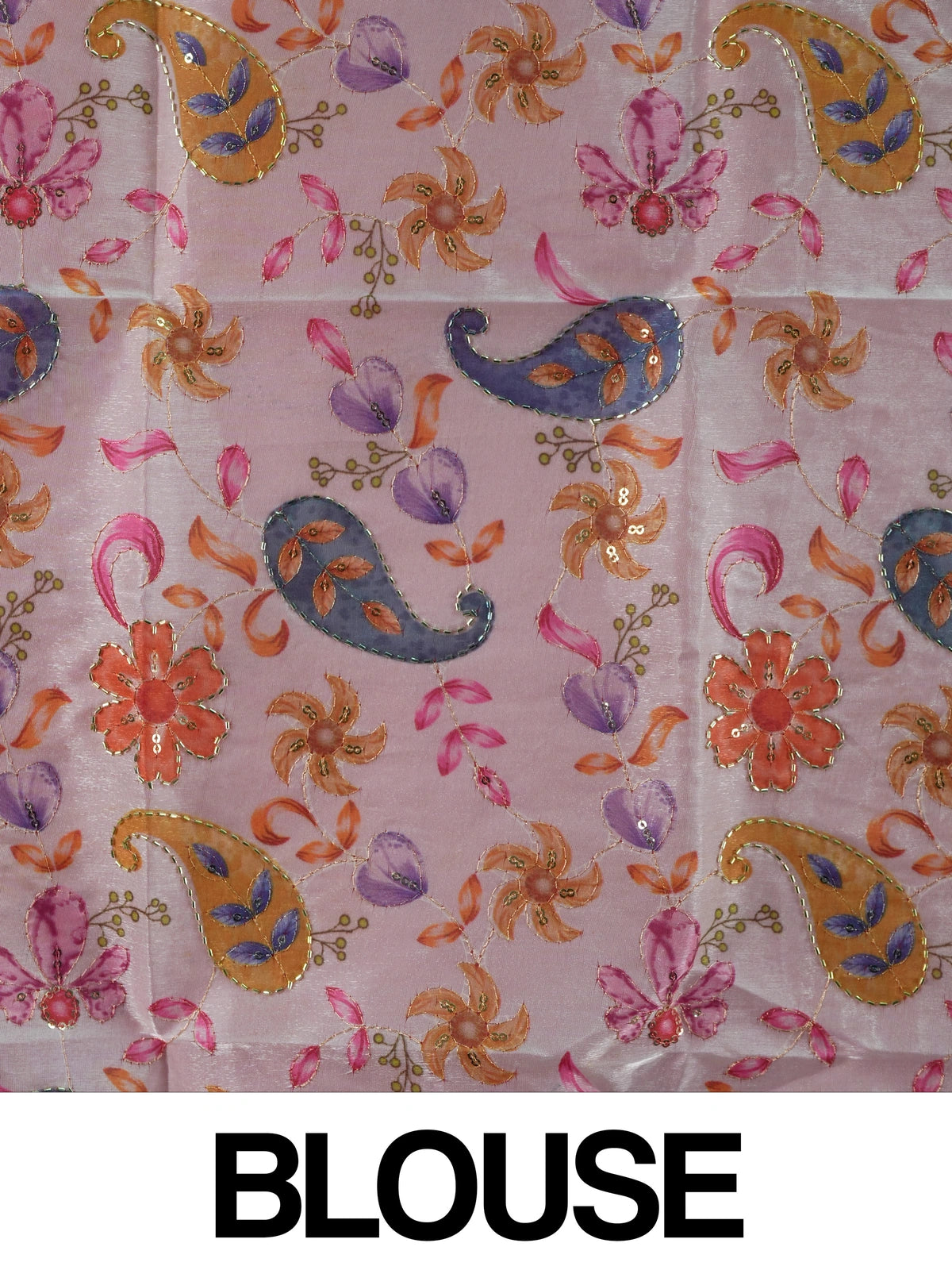 Pink and gold tissue designer saree with gold shimmer and embellished contrast floral blouse