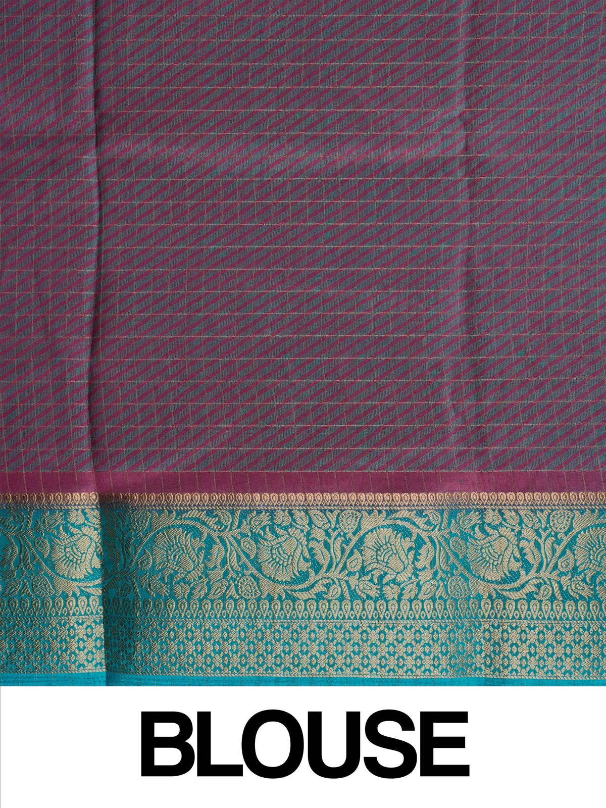 Magenta Dola silk saree with multicolour floral print and contrast teal gold zari border
