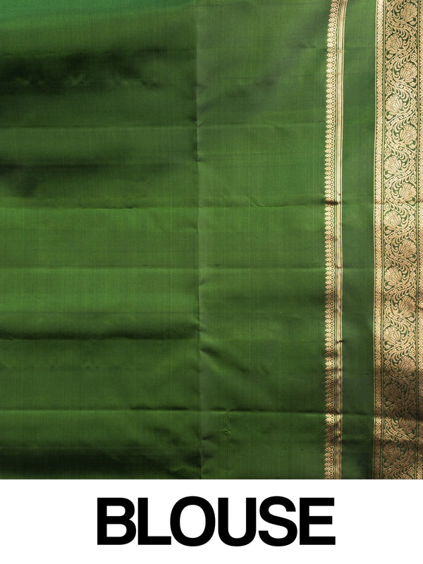 Dark green soft silk saree with gold zari floral border and buttis