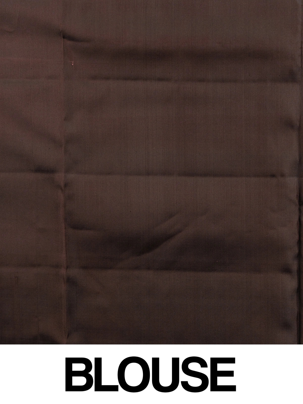 Mauve Kanchipuram Pure Mix saree with dark brown contrast gold zari border and striped pallu
