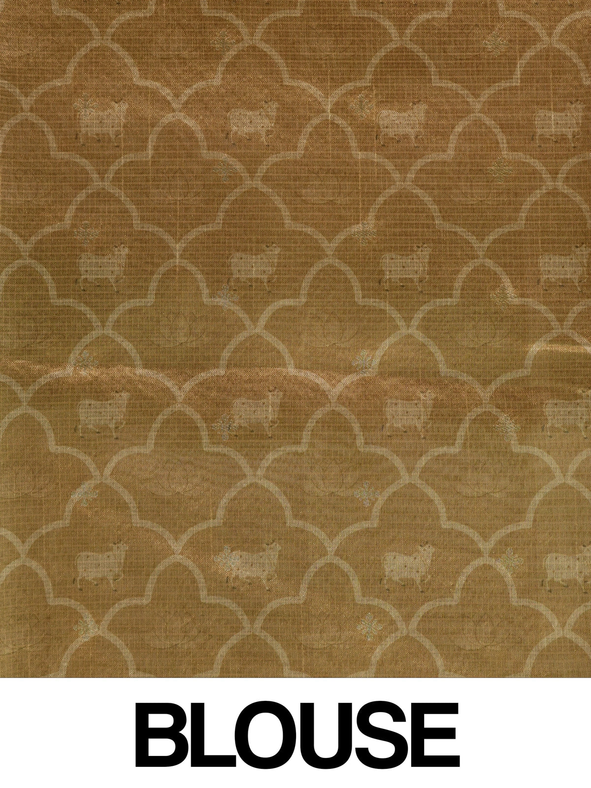 Mustard yellow and olive green Semi Tussar saree with white lotus-pond print and gold zari border