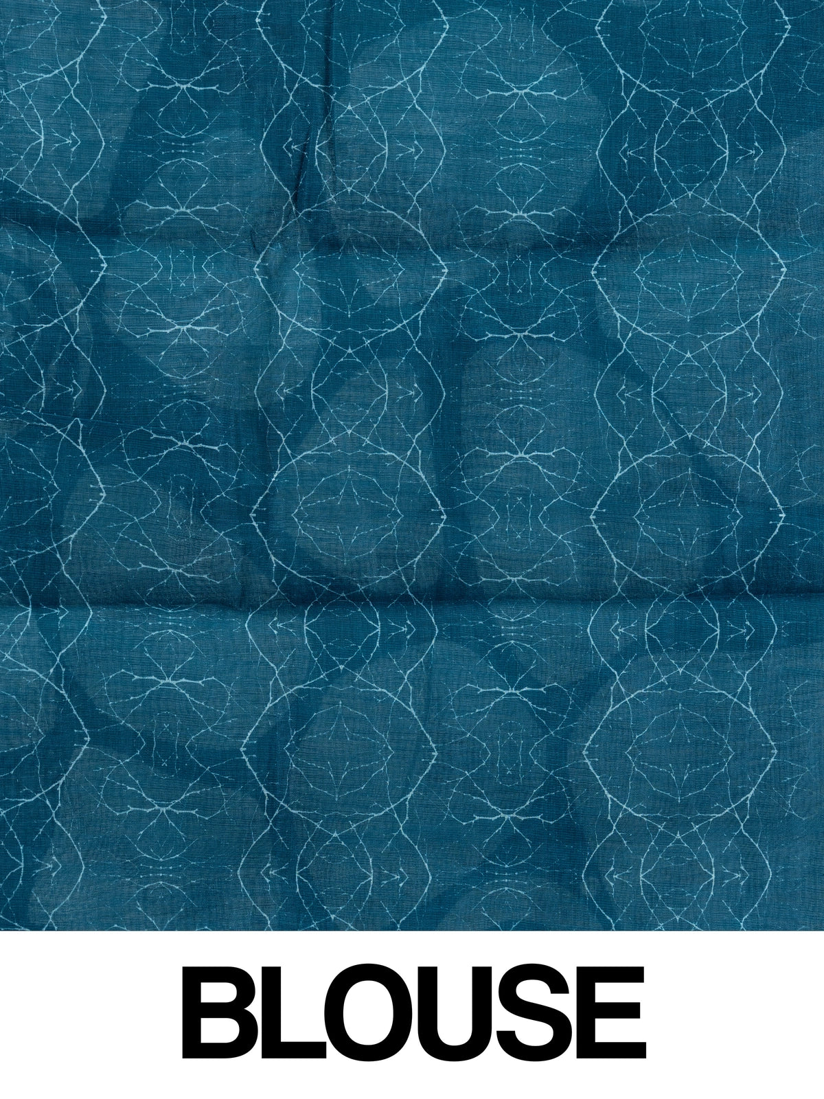 Sky blue and teal batik linen cotton saree with white pebble motifs and gold zari border