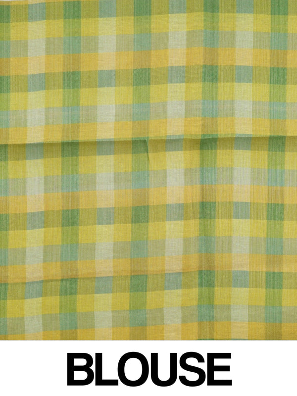 Cream linen cotton saree with green and yellow checked border and pallu