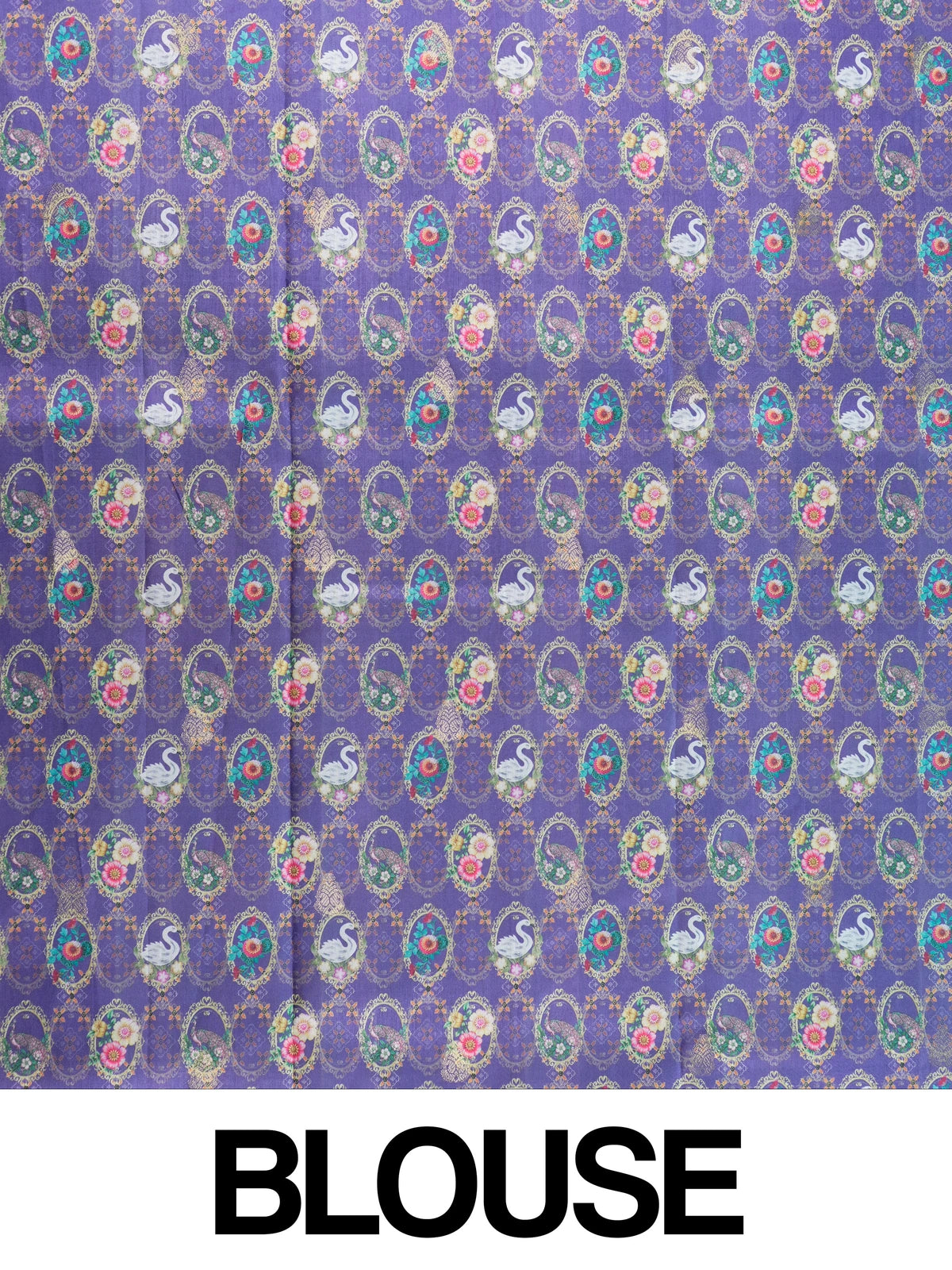 Violet Dola silk saree with gold-framed swan and floral cameo prints and a contrast zari border