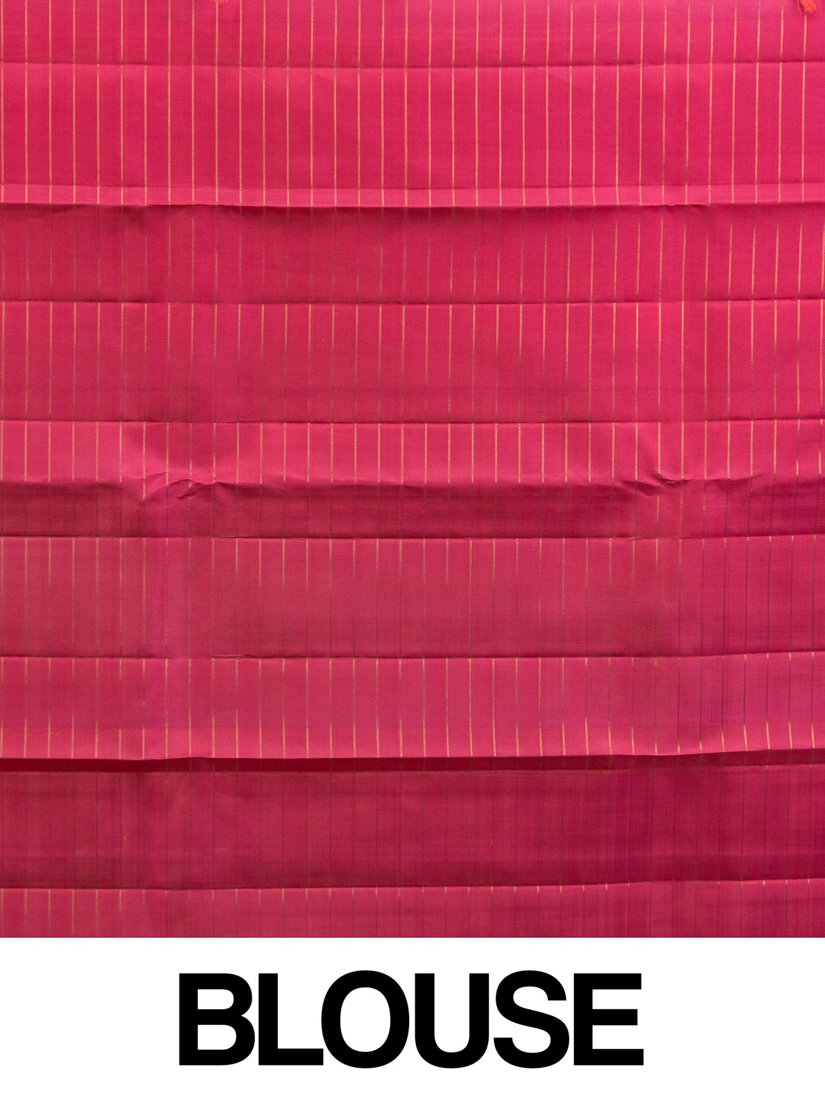 Rani pink pure Kanchipuram silk saree with gold zari checks, small butta motifs and gold zari border