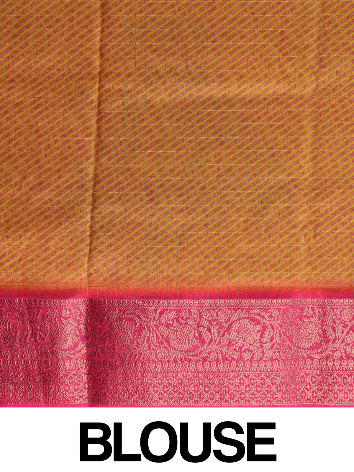 Yellow Dola silk saree with multicoloured floral print and contrast pink zari border