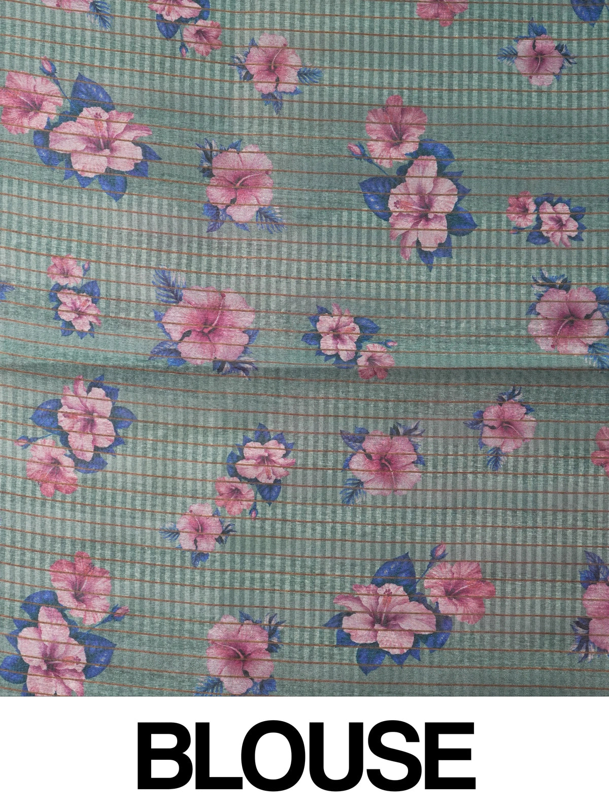 Sage green semi tussar saree with tropical floral print pallu and gold zari border