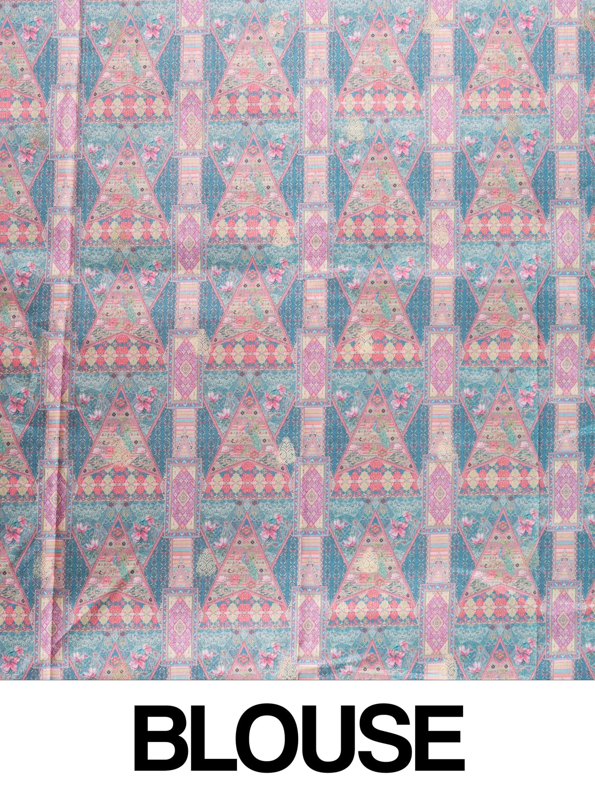 Teal blue and multicolour Dola silk saree with patchwork floral print and silver zari contrast border