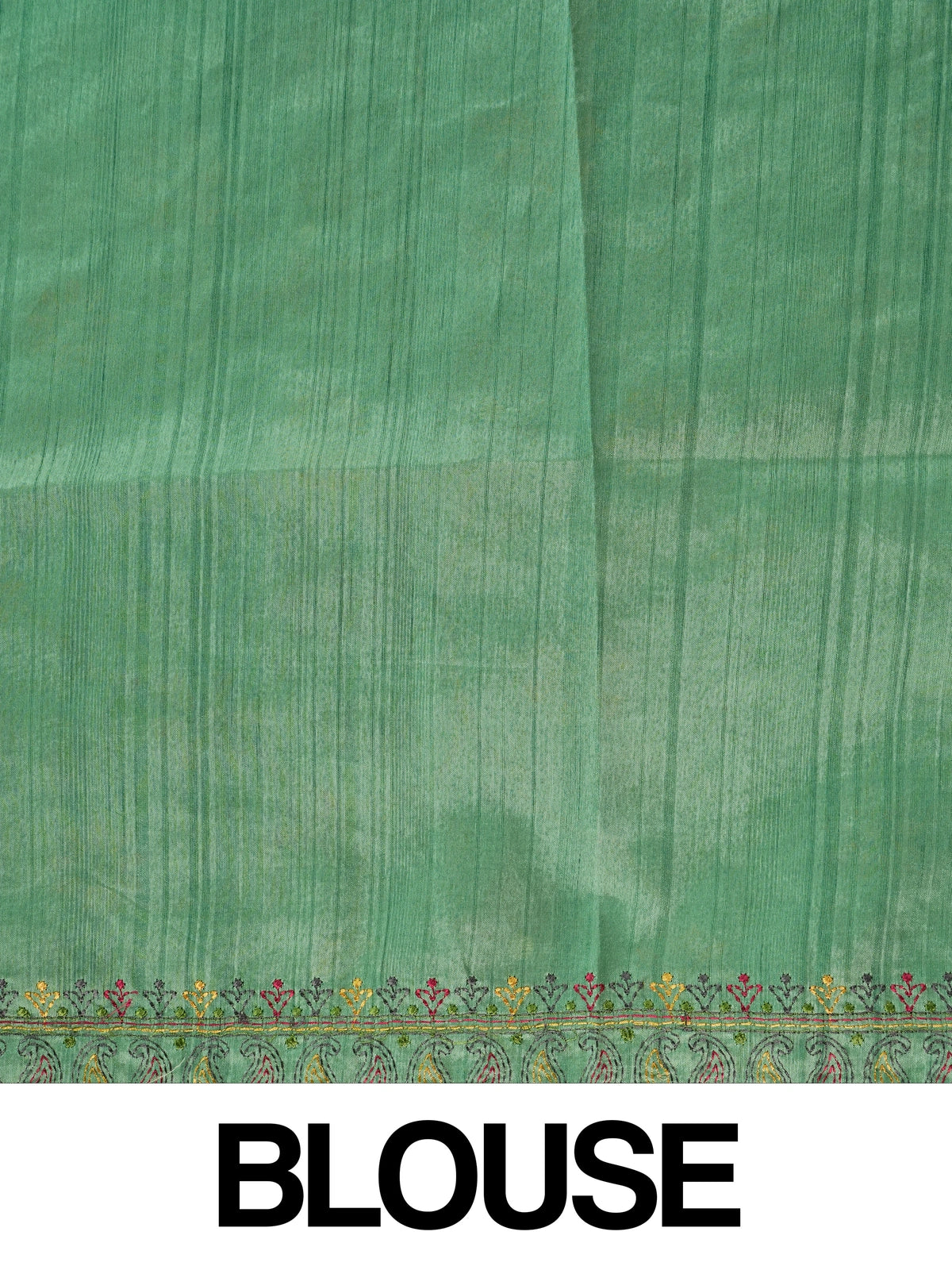 Green semi tussar saree with multicolour floral thread embroidery and gold zari accents