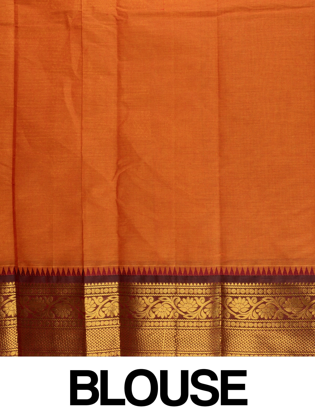 Orange Chettinad cotton saree with fine checks and contrast maroon gold zari border