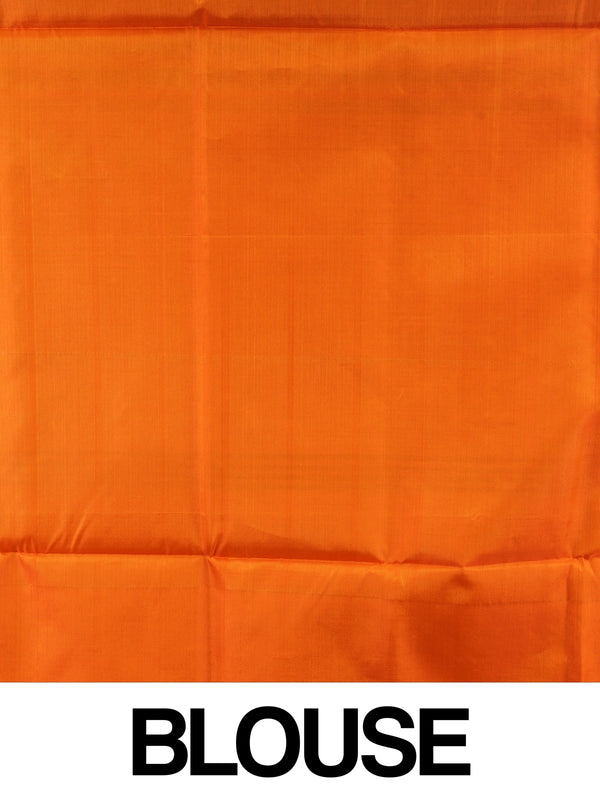 Green and orange checked banana silk saree with contrast orange pallu and blouse