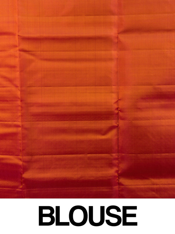 Orange and red pure soft silk saree with gold zari border and maroon-red pallu