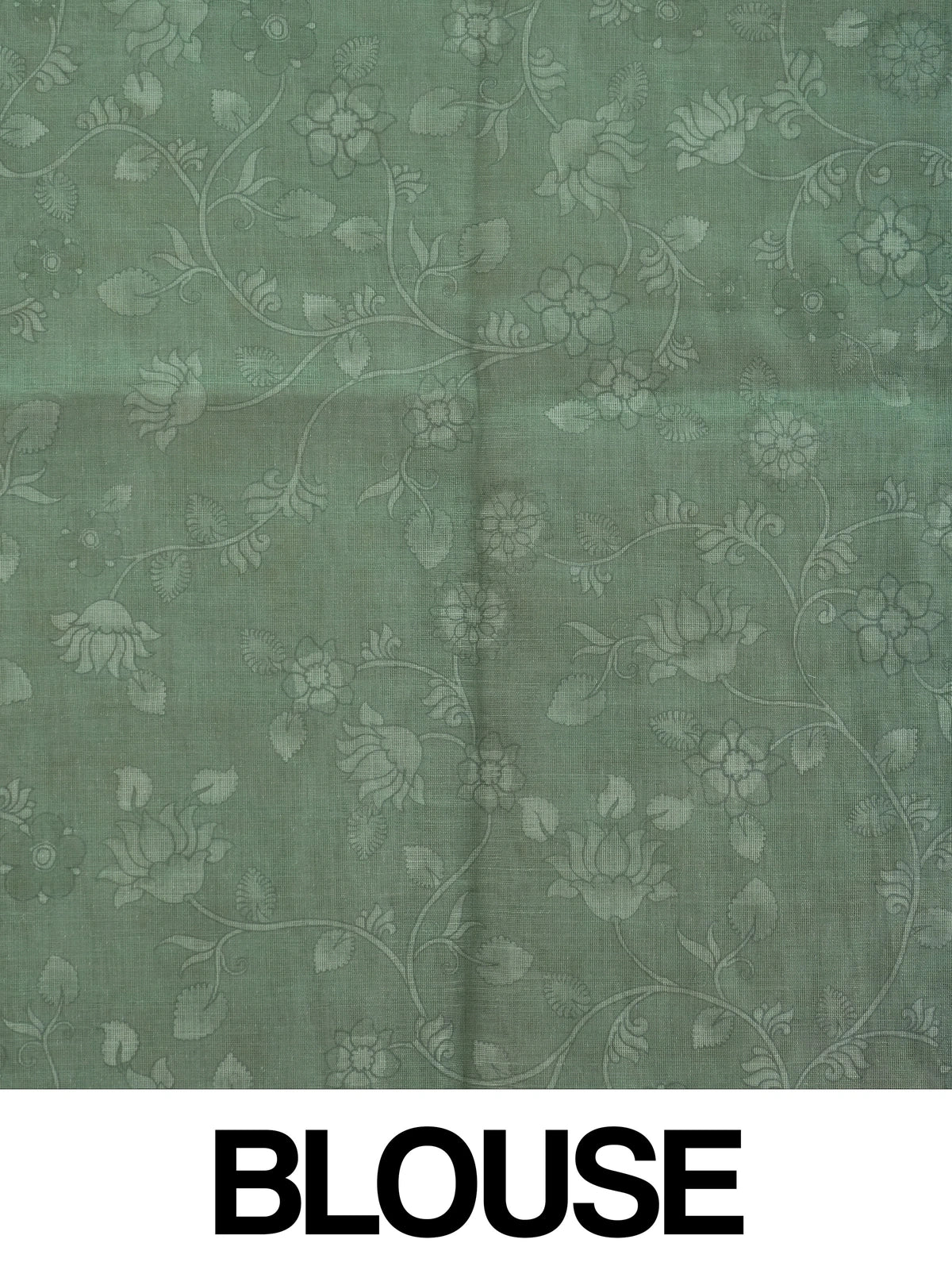 Beige and sage green linen cotton saree with silver zari border and pink lotus print pallu