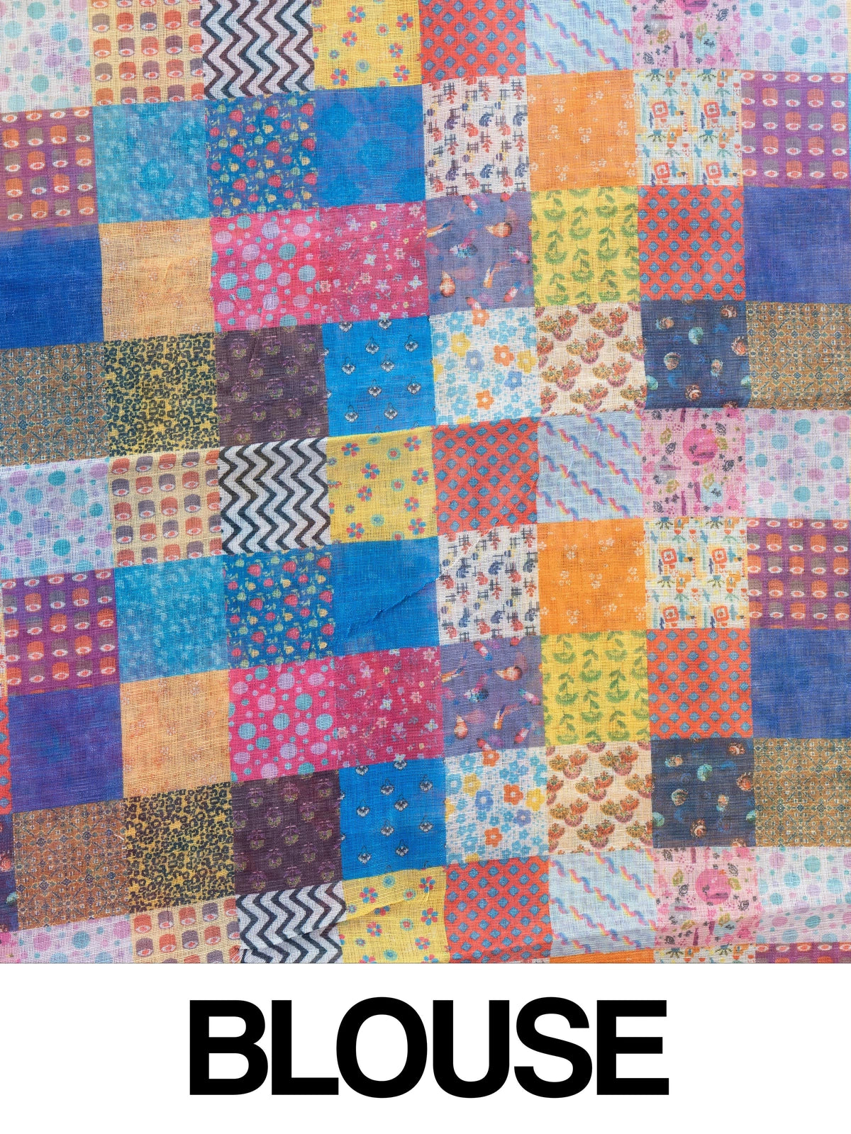 Grey linen cotton saree with multicolour patchwork print pallu and border