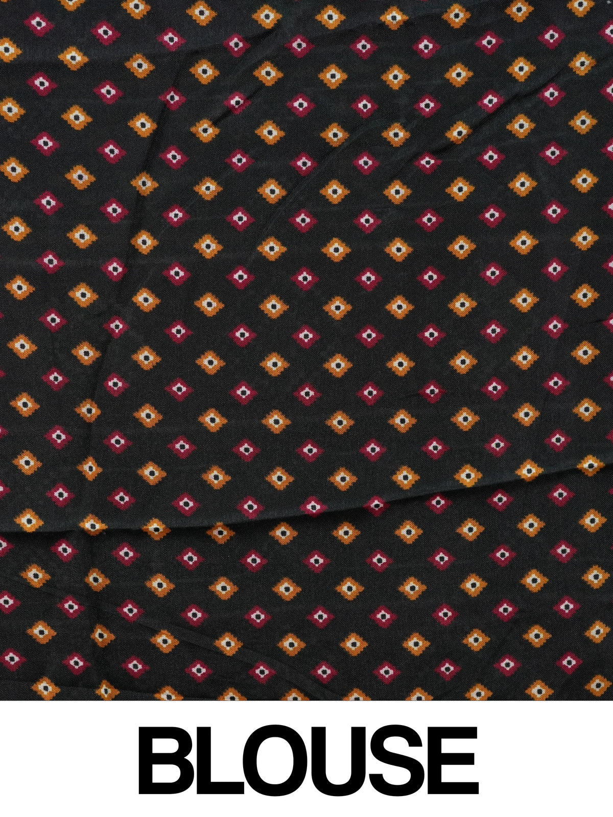 Maroon Dola silk saree with black patola-style border, multicolour pallu and mirror work
