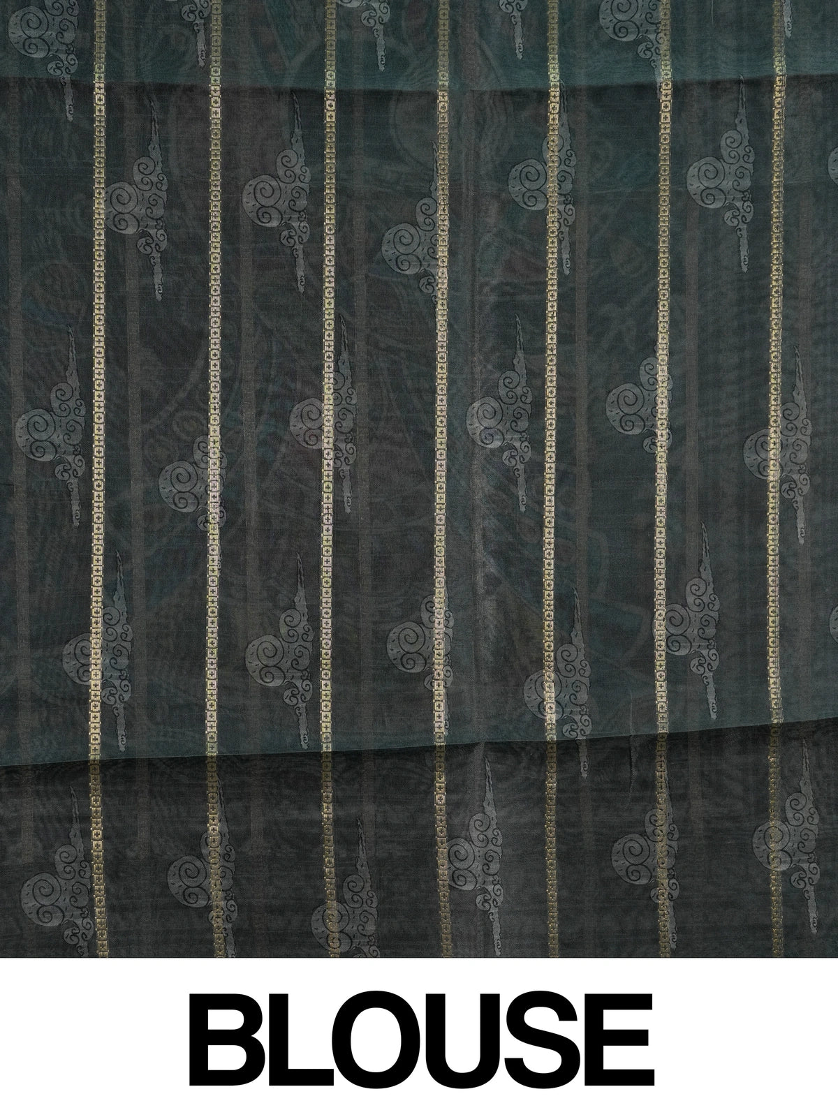 Cream and grey semi tussar saree with gold zari stripes and folk-art printed pallu
