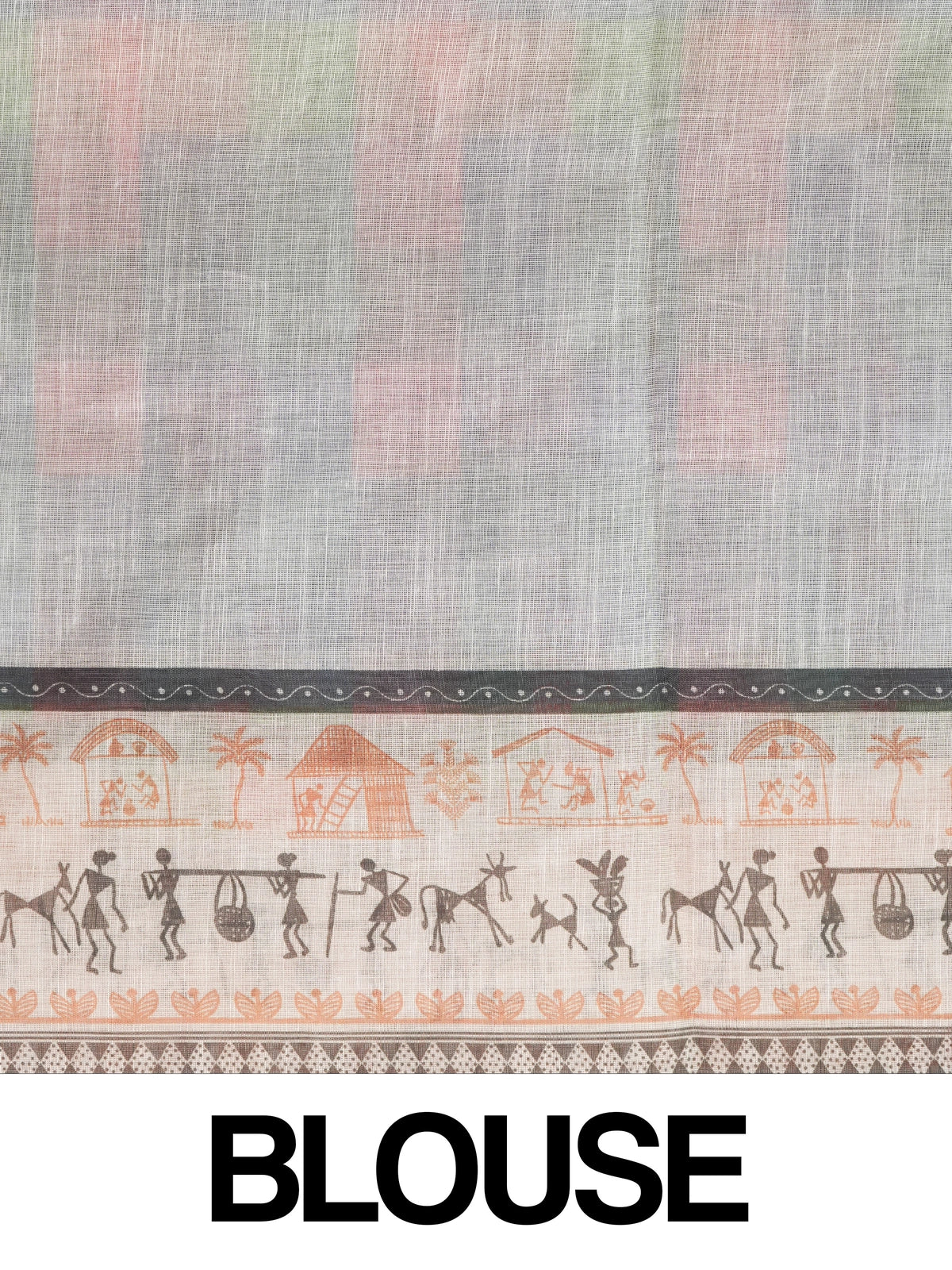 Multicolour checked linen cotton saree with cream Warli-art printed border and pallu