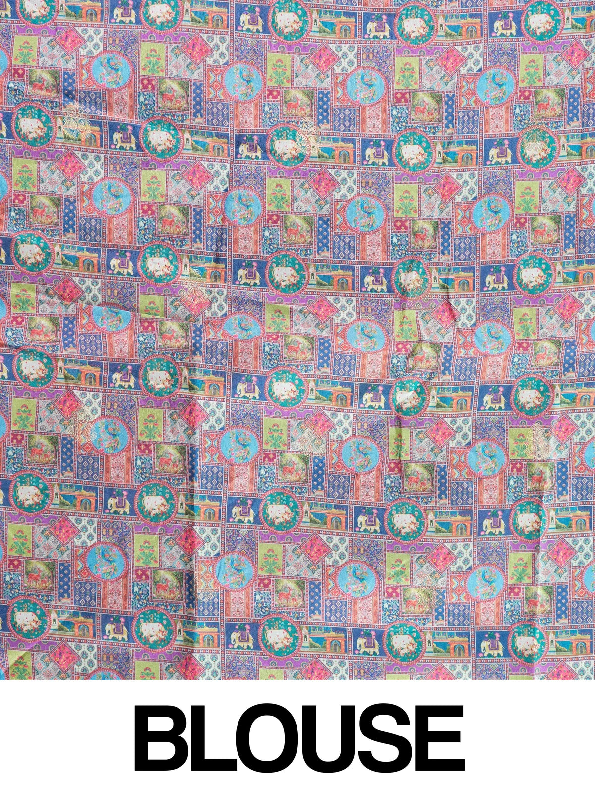 Multicolour Dola silk saree with Pichwai patchwork print and contrast blue zari border