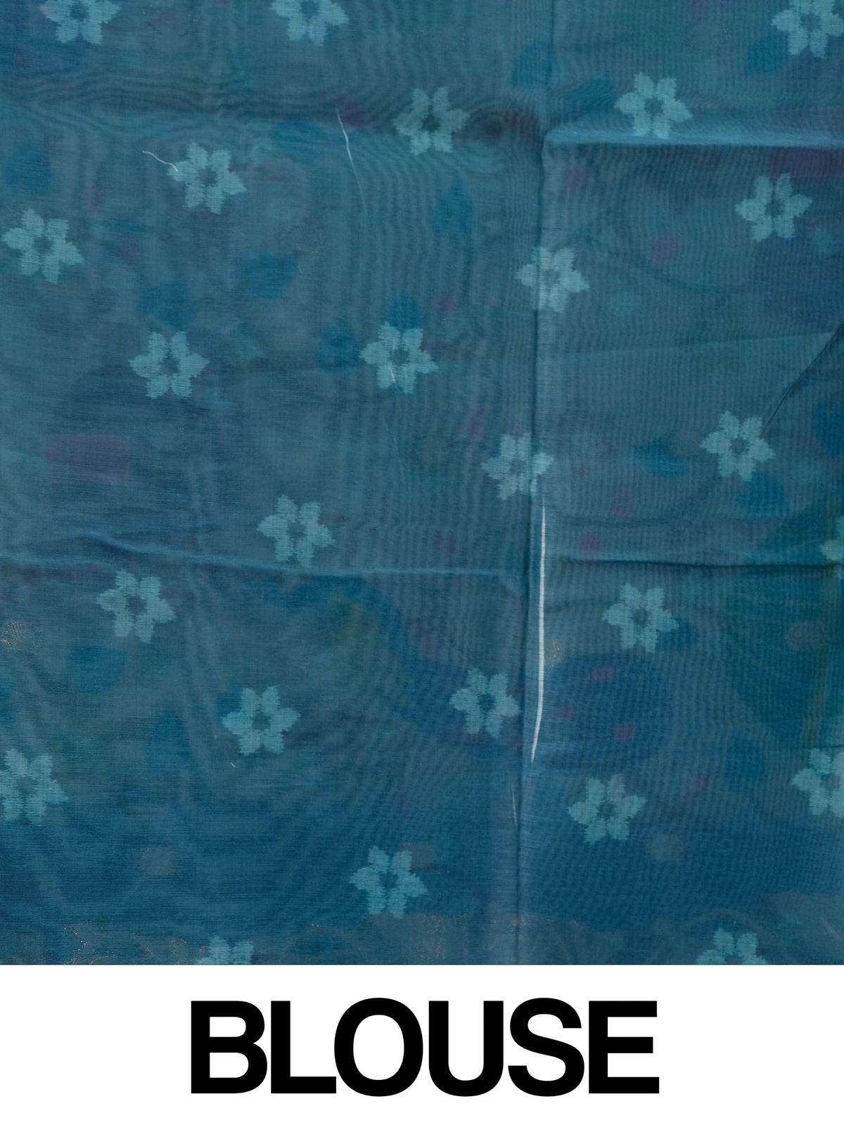Cream linen cotton saree with peacock and elephant motifs and a teal silver zari border
