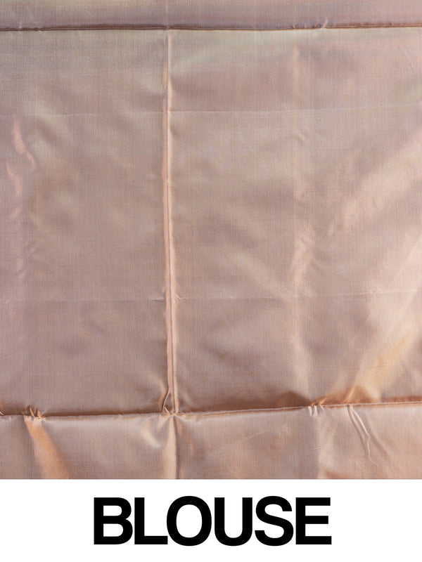 Blue and purple iridescent banana silk saree with woven buttas and contrast striped peach pallu