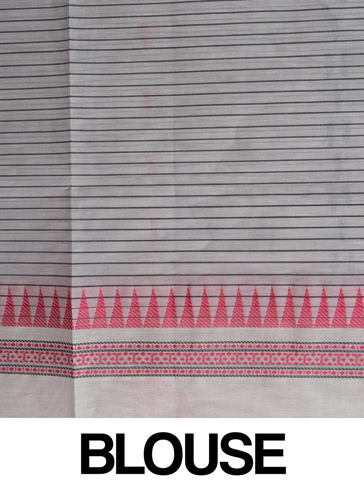 Grey semi raw silk saree with black pinstripes, pink temple border and paisley pallu