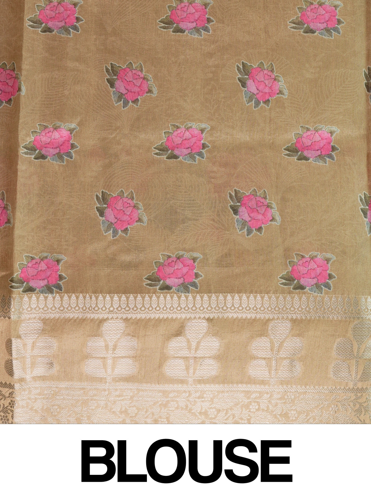 Beige and gold designer tissue saree with woven floral jaal and multicolour floral embroidery