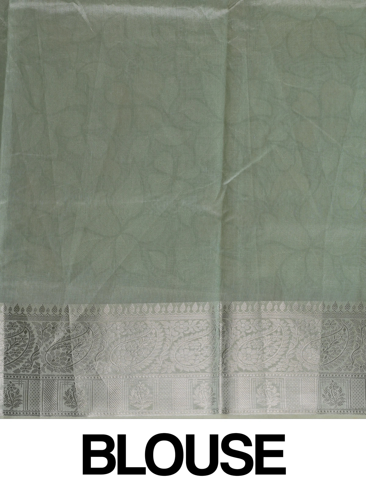 Sage green designer saree with cream-gold floral embroidery and silver zari border