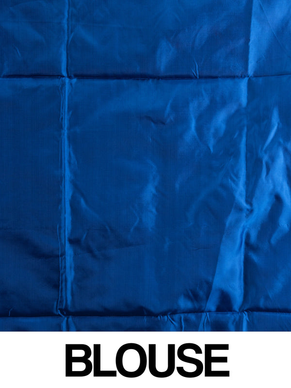 Pink Banana silk saree with contrast blue pallu, gold zari border and woven buttis