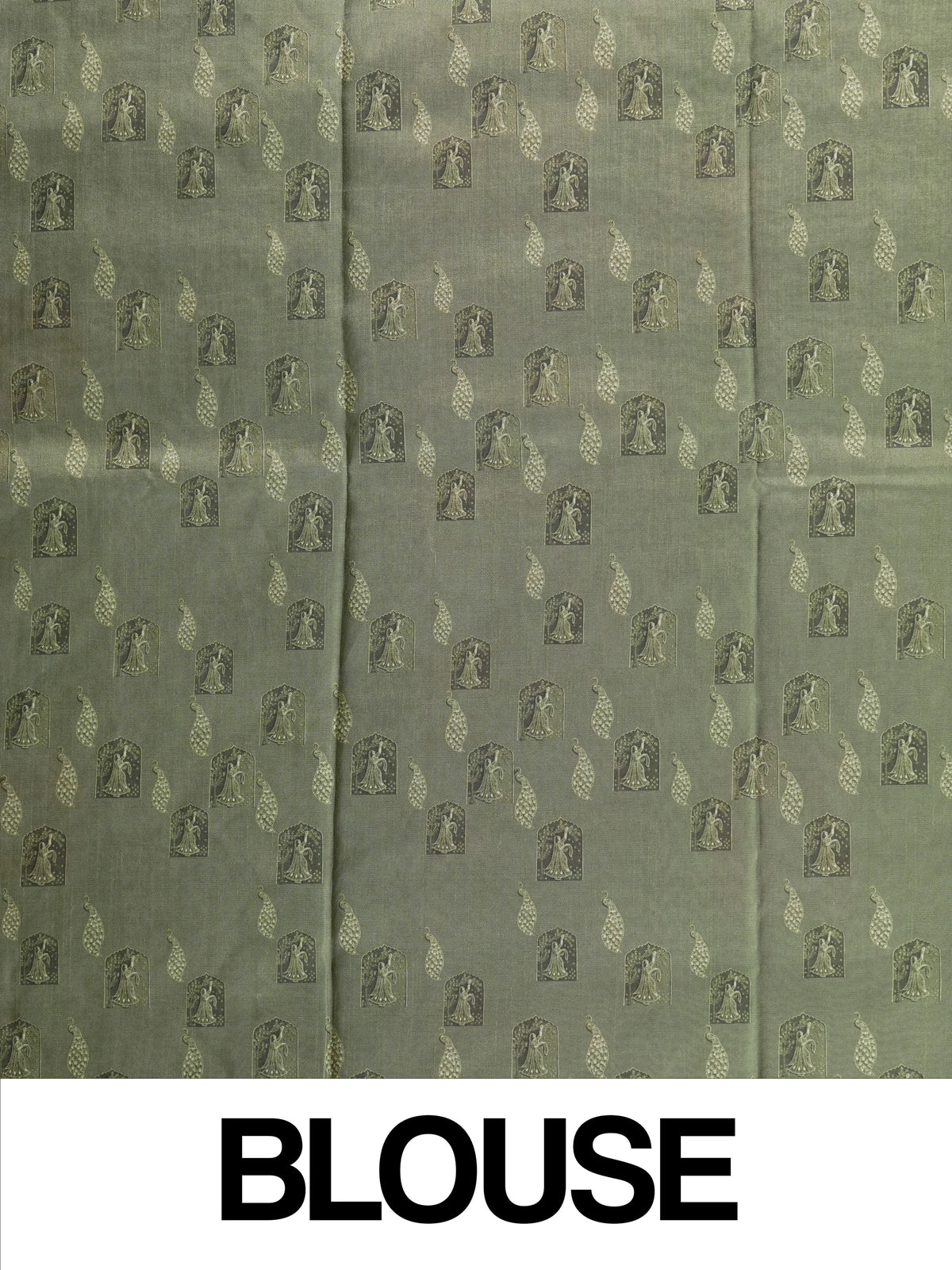 Olive green Dola silk saree with multicolour dancing lady and peacock prints and gold zari border