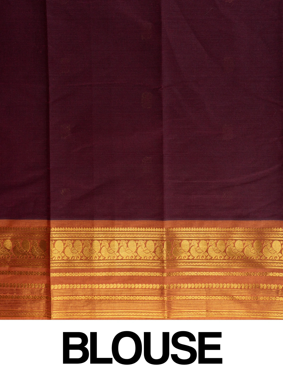 Maroon Chettinad cotton saree with contrast orange gold zari peacock border and zari buttas