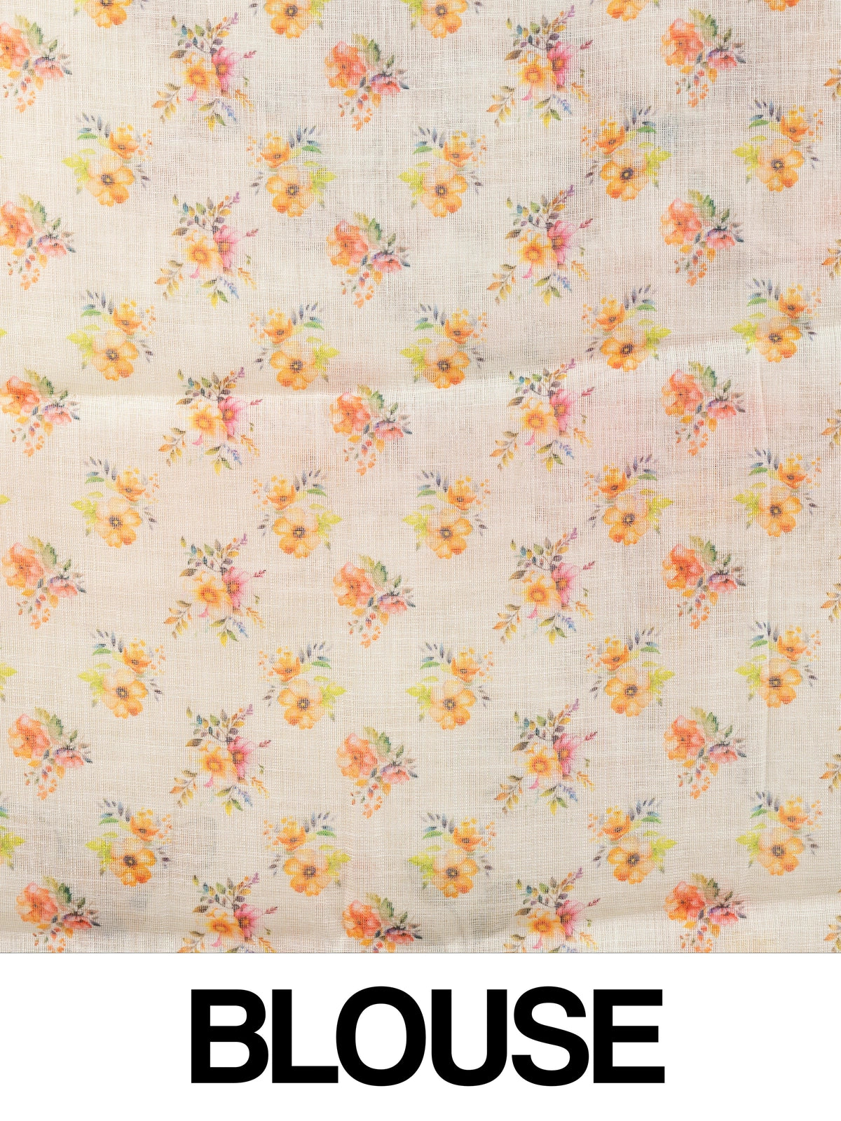 Cream linen cotton saree with orange floral and spotted deer prints and a slim golden zari border