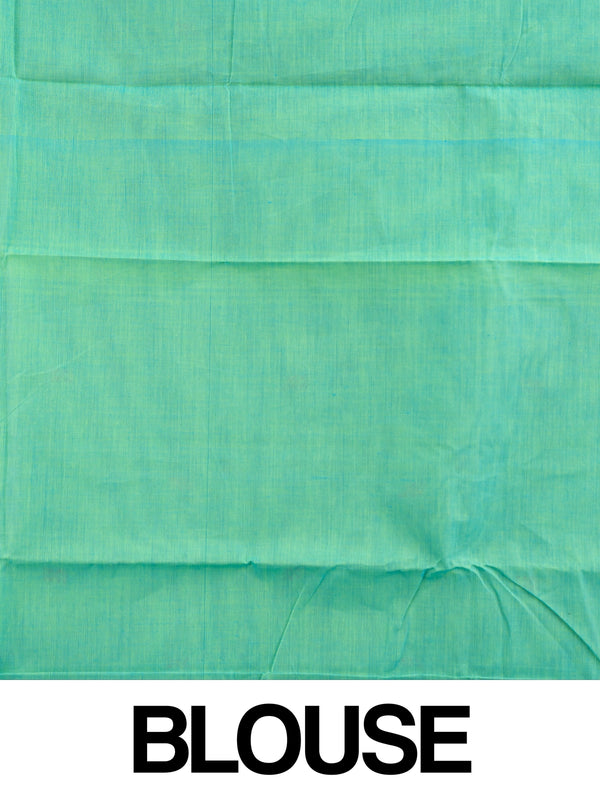 Green Chettinad cotton saree with contrast purple and blue zari borders and pink buttas