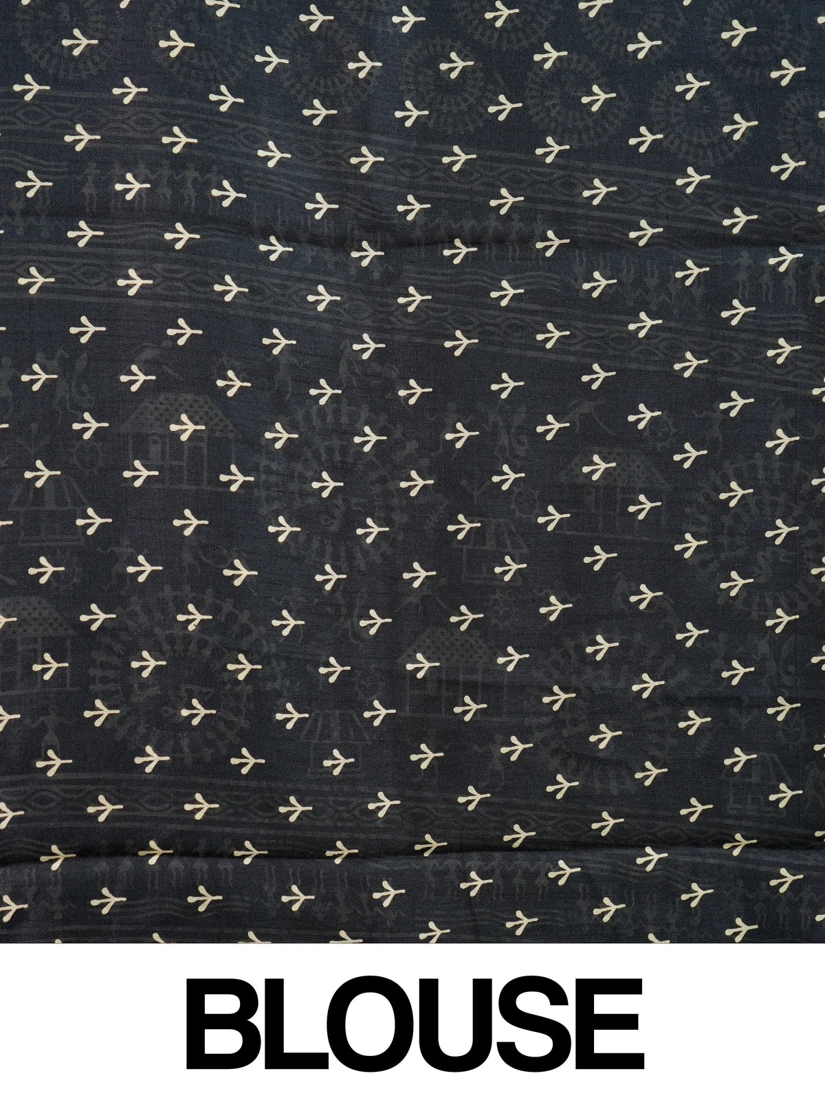 Black designer saree with cream Warli tribal art print and silver zari chevron border