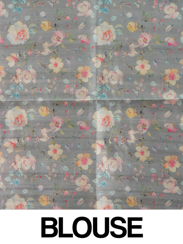 Grey and cream designer saree with embroidered deer motifs and floral pallu