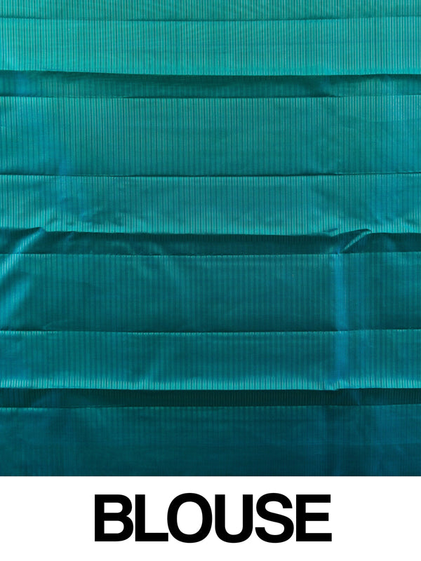 Parrot green Pure Kanchipuram silk saree with gold zari checks, gold zari border and contrasting teal pallu