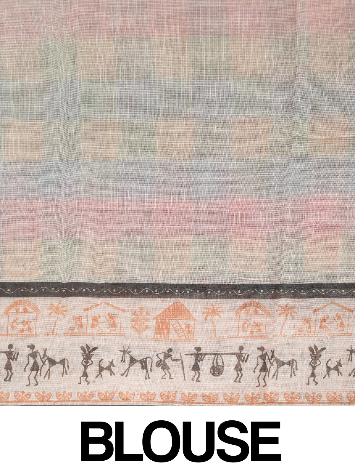 Multicolour checked linen cotton saree with cream Warli tribal-print border and contrast yellow blouse