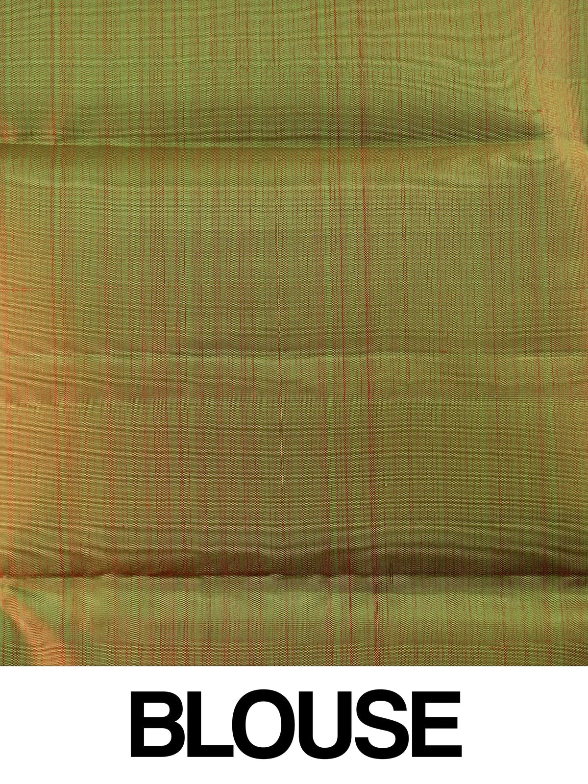 Red pure Kanchipuram silk saree with contrast green and gold zari border and paisley motifs