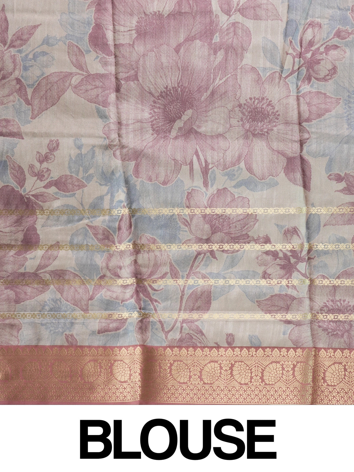 Cream and mauve floral semi tussar saree with gold zari contrast border and printed pallu