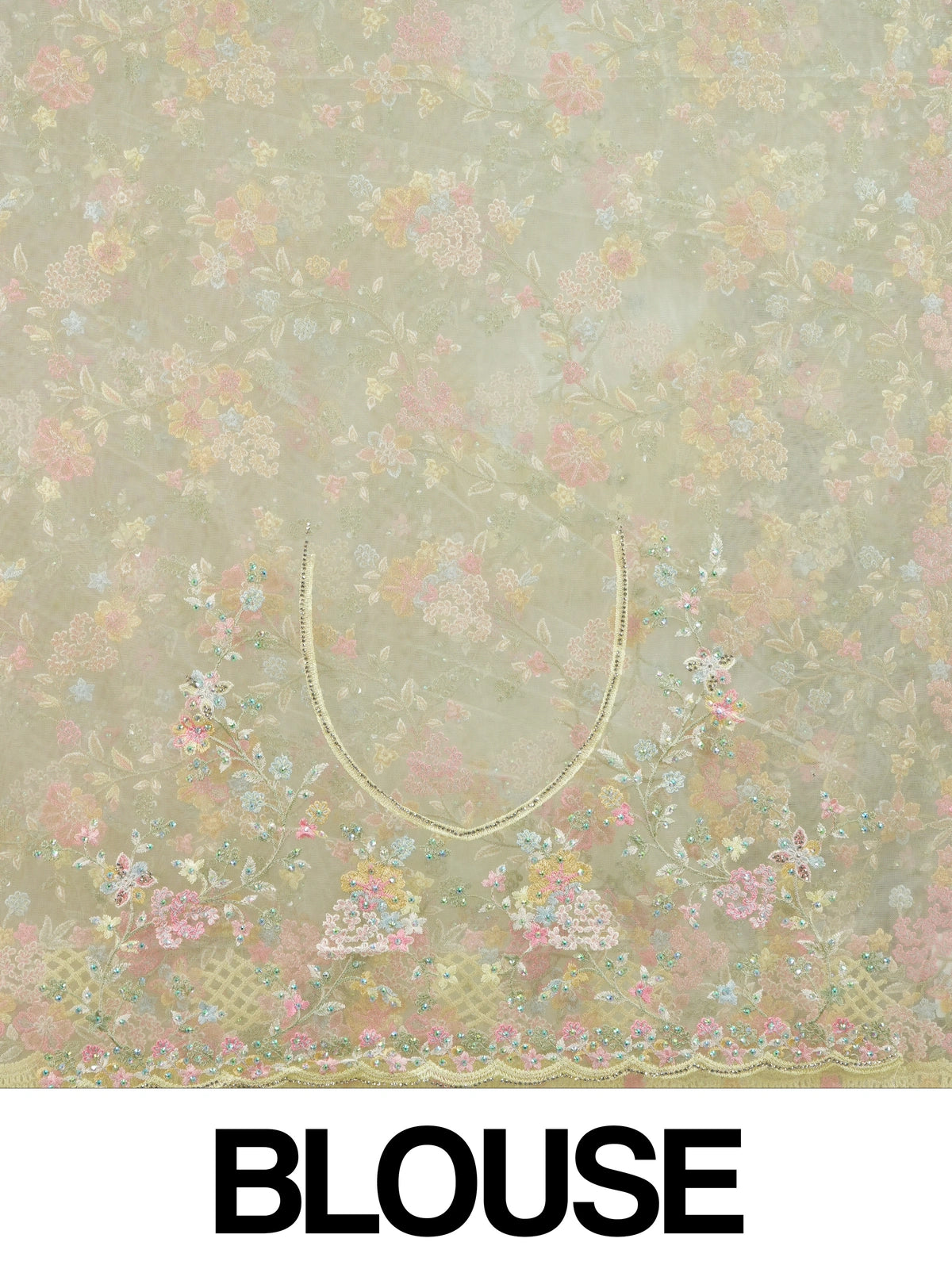 Lemon yellow net designer saree with pastel multicolour floral embroidery and scalloped border