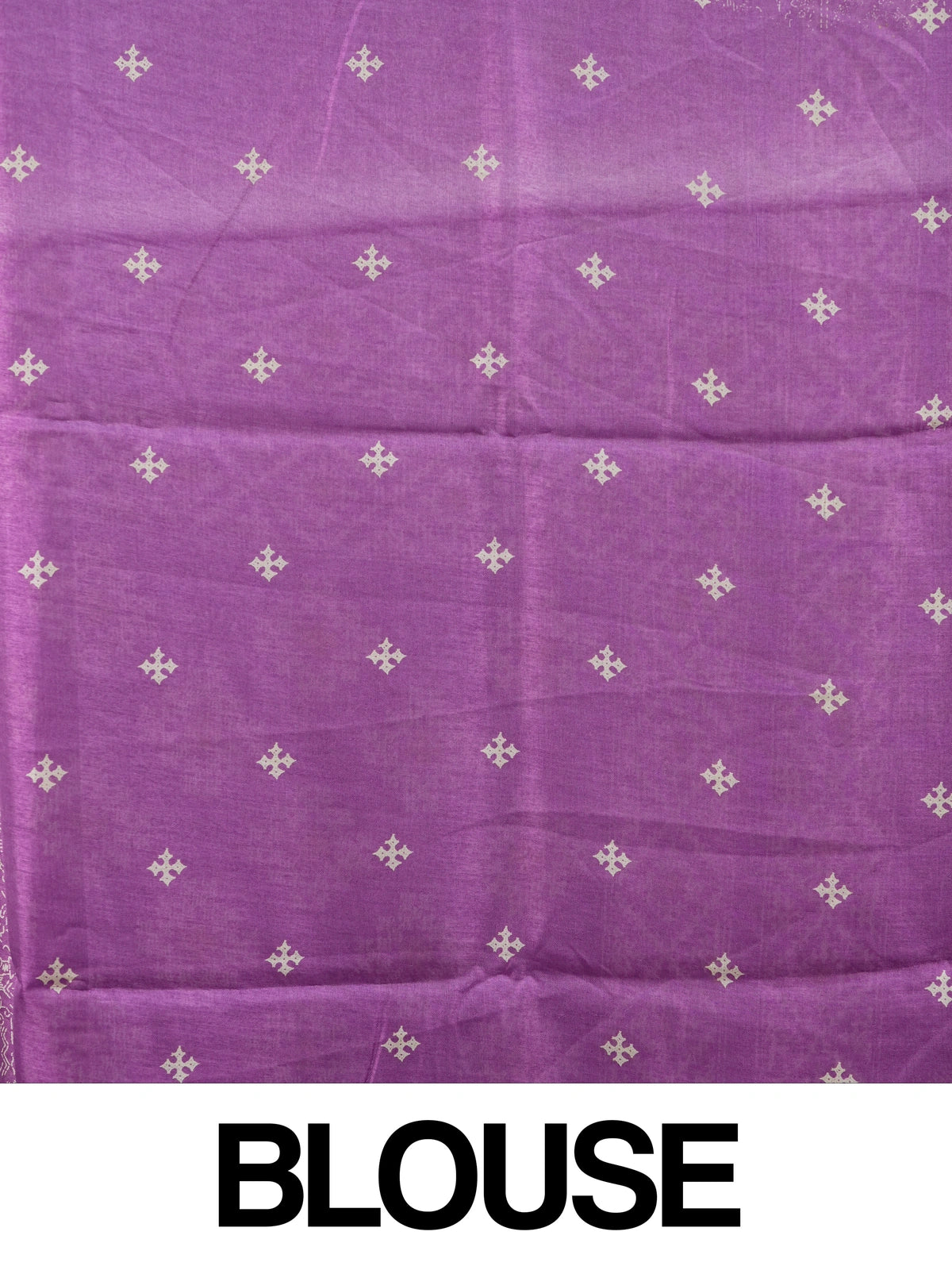 Purple Dola silk saree with white Warli-style print, patola pallu and silver zari border