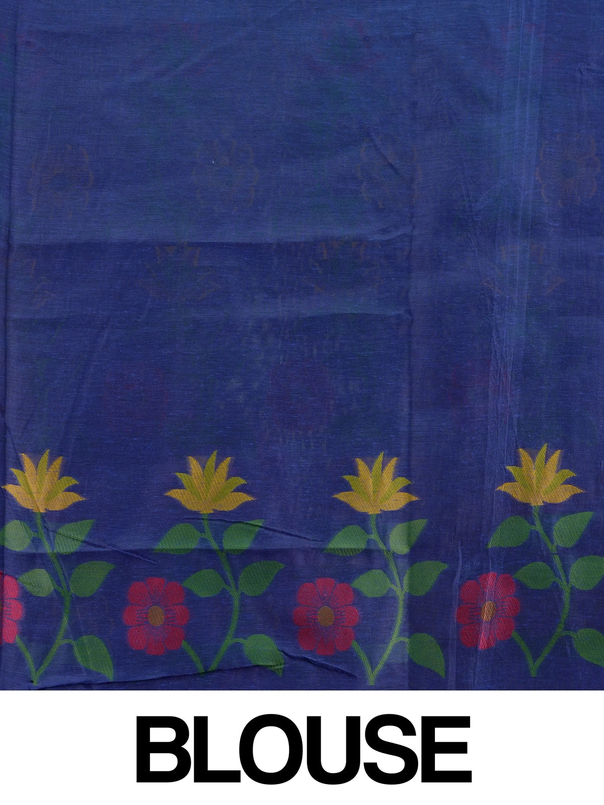 Royal blue linen cotton saree with multicolour woven floral motifs and a floral vine pallu