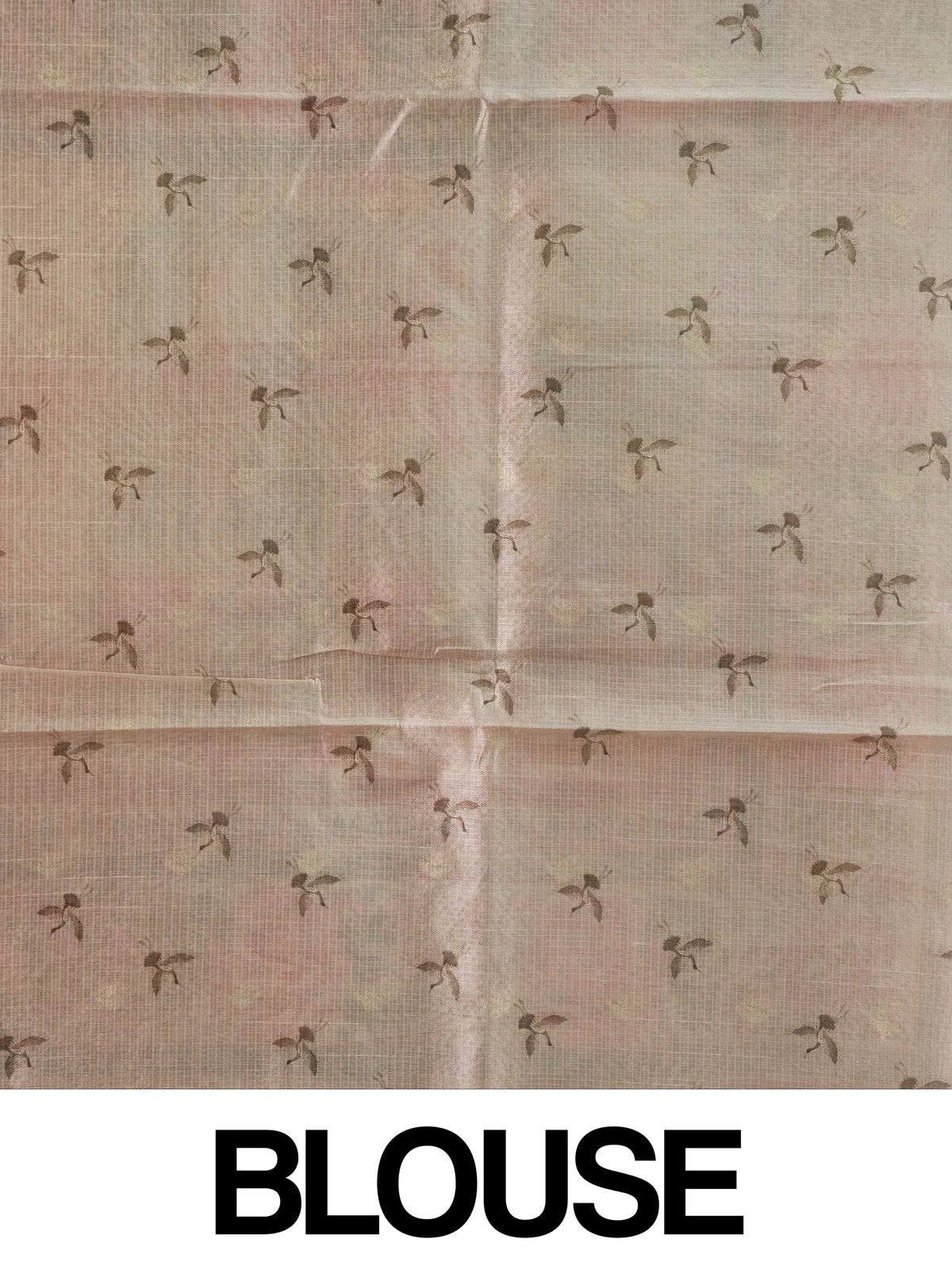 Cream semi tussar saree with pink floral Mughal garden print, peacock and lotus motifs and gold zari border