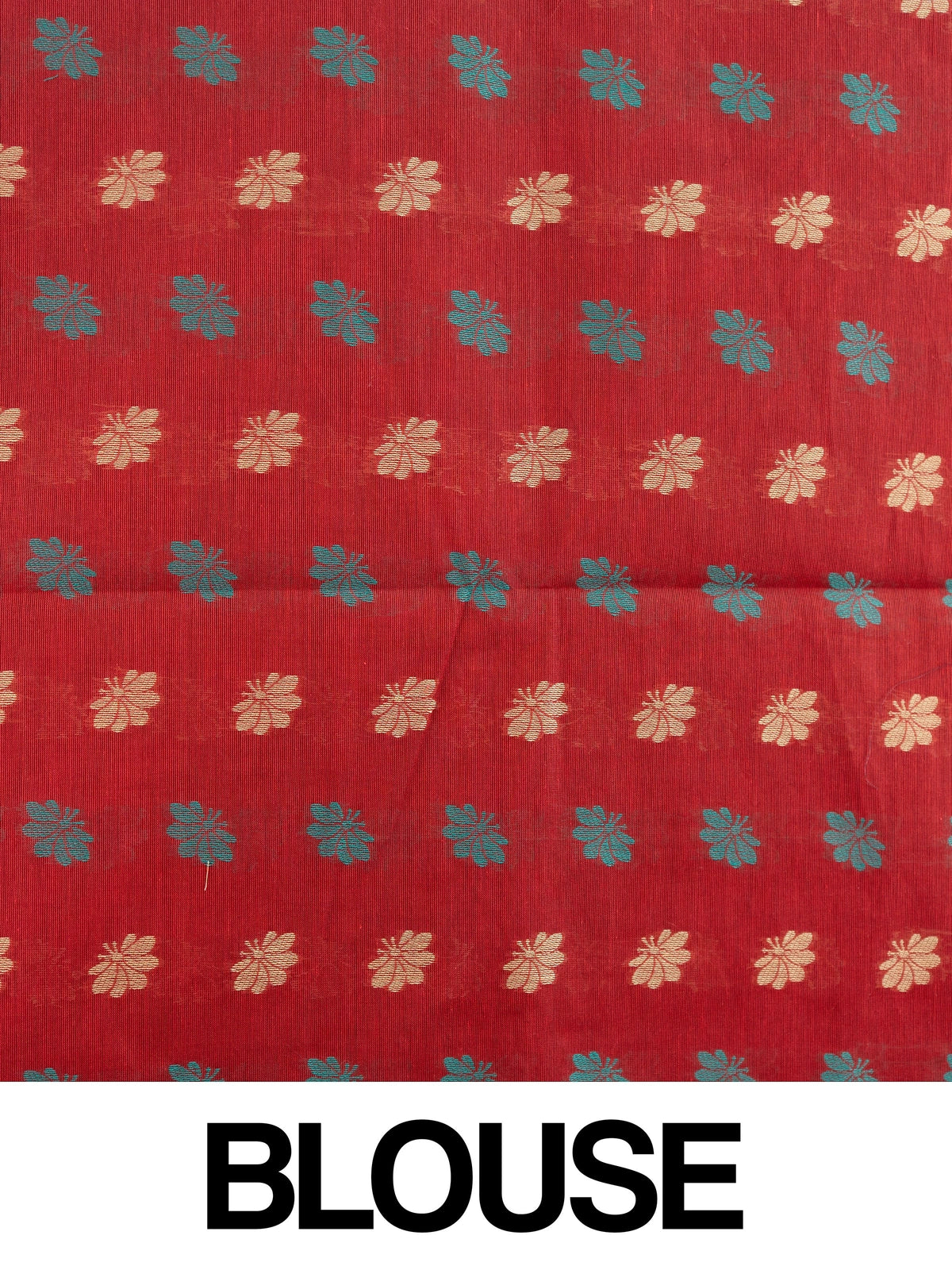 Maroon red silk cotton saree with orange contrast border, floral woven motifs and decorative pallu