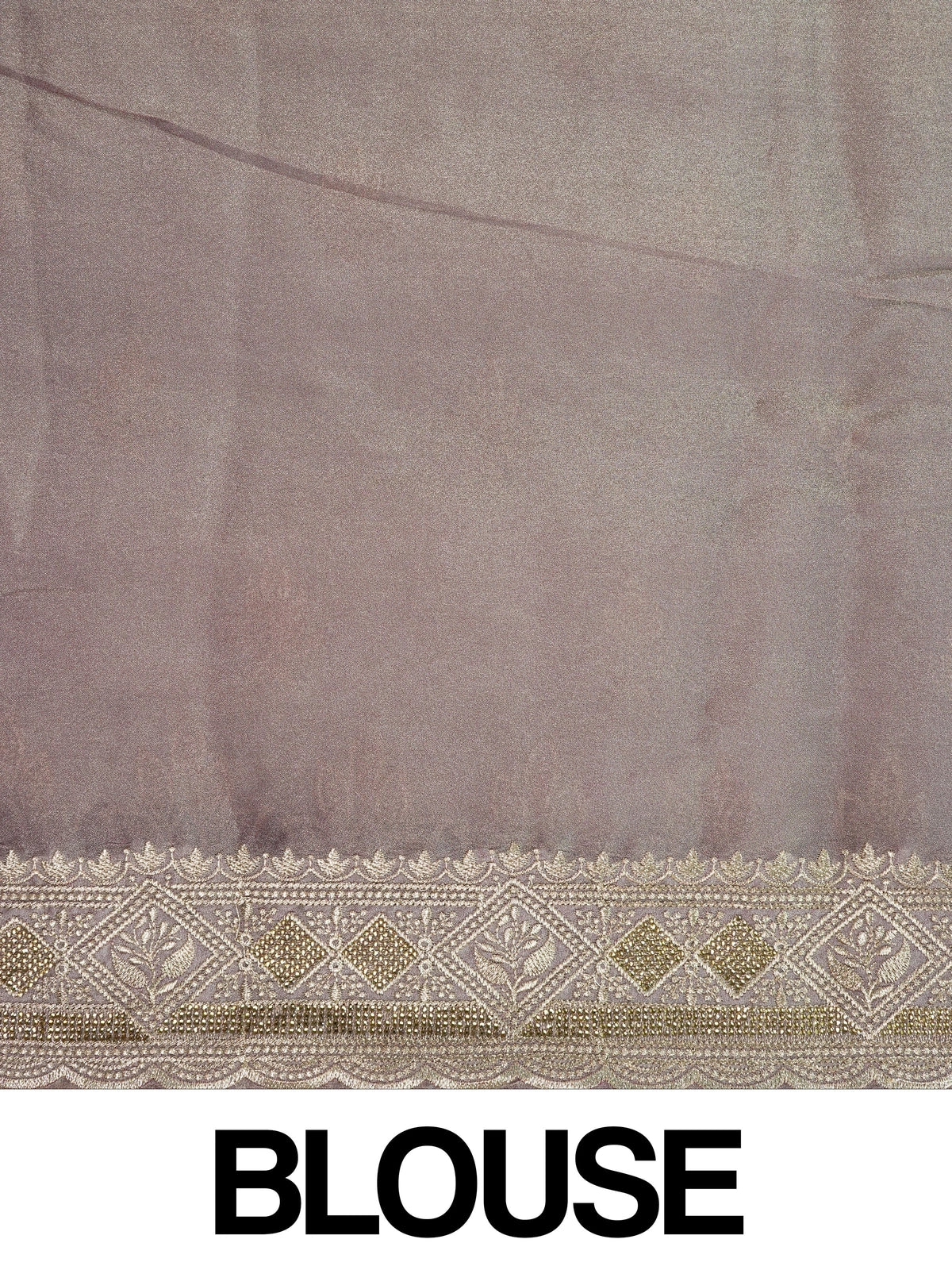 Mauve-grey shimmer designer saree with gold zari and sequin leaf embroidery and scalloped border