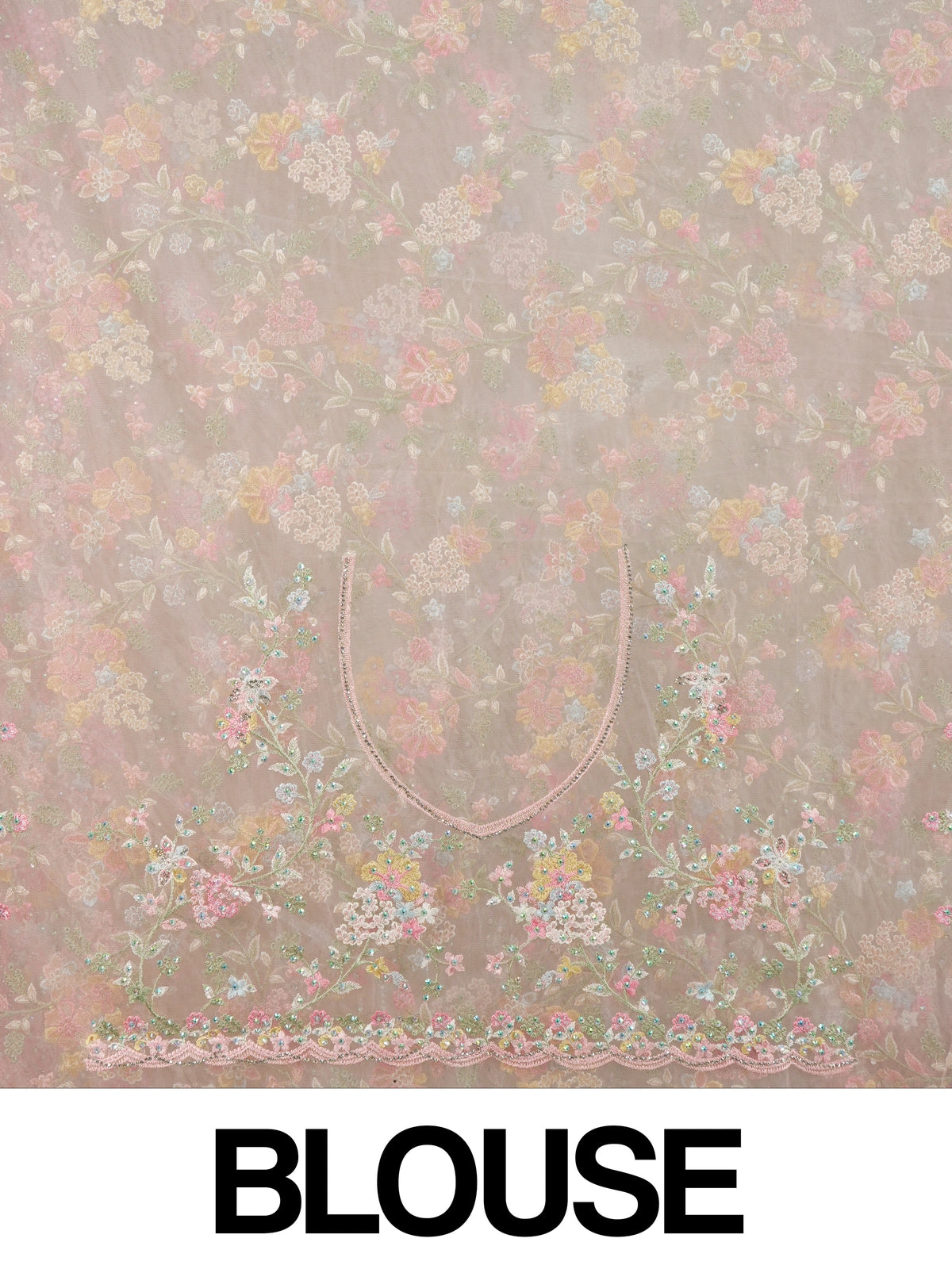 Soft pink net designer saree with pastel multicolour floral embroidery and scalloped border