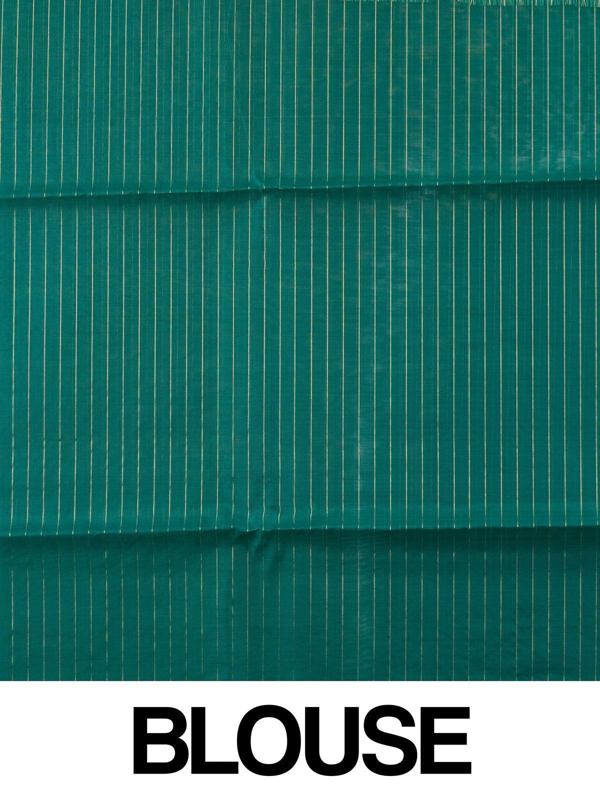 Teal green pure silk cotton saree with gold zari checks and contrast temple zari border